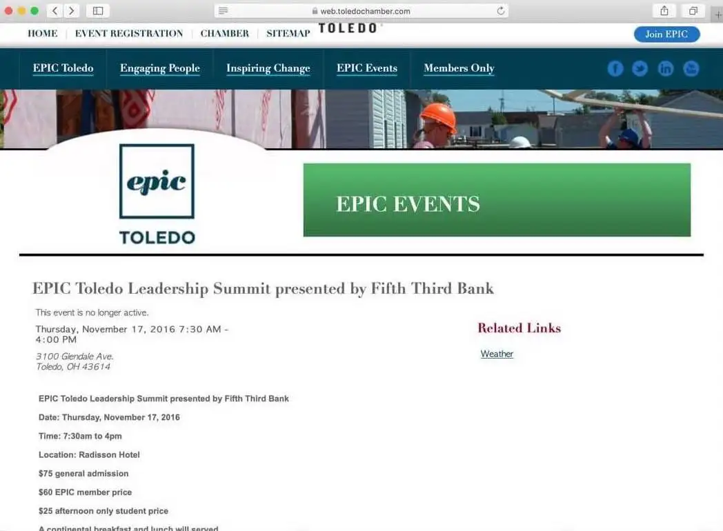 A display of the old Epic Toledo Event Registration page, which was not multi-device compatible and did not have clear steps to register for the event